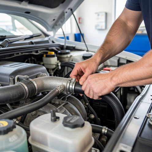 Mains ajustant des pièces du compartiment moteur dans un garage, avec inspection visuelle et contrôle de niveaux.