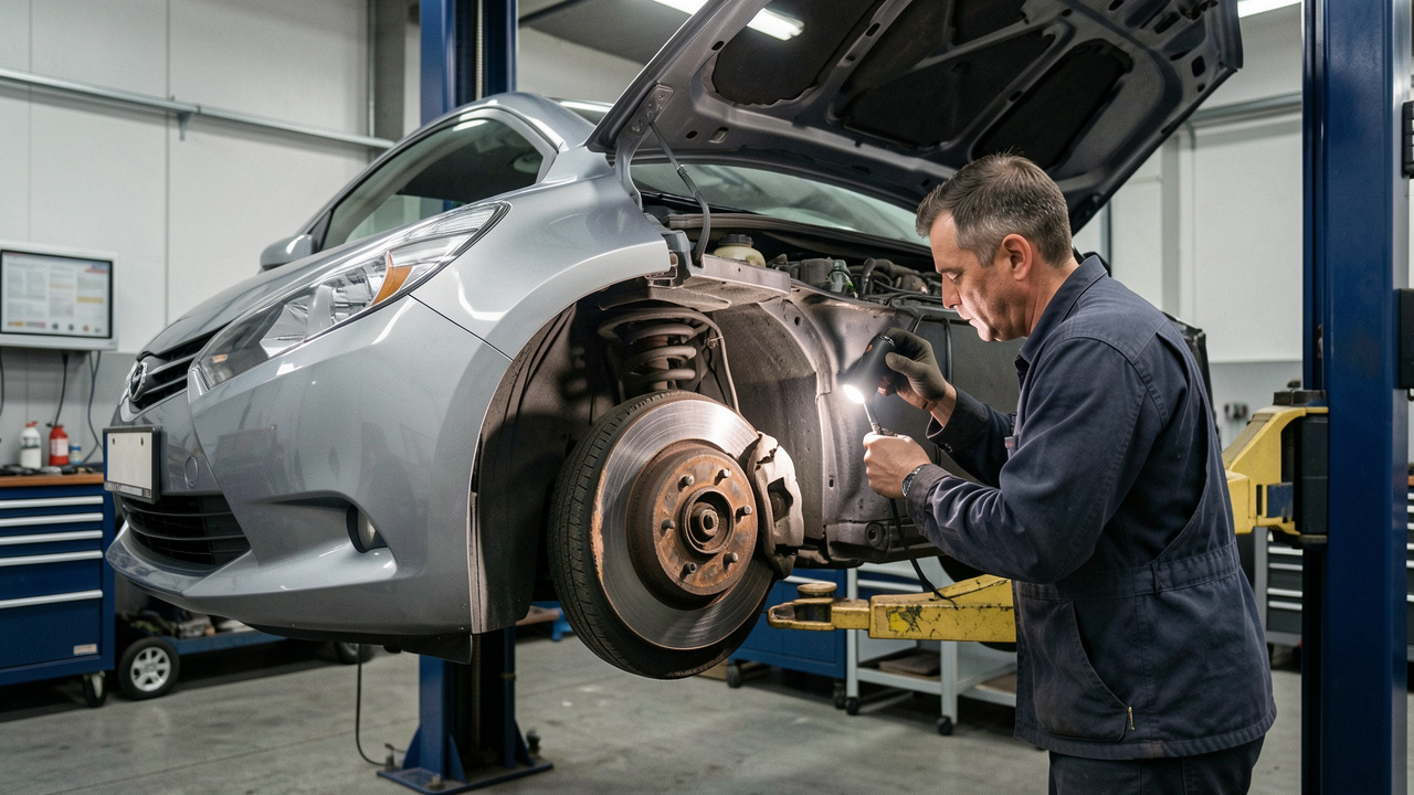 Berline compacte sur un pont élévateur, avec un mécanicien qui inspecte les freins, les pneus et les éléments de suspension dans un garage professionnel.