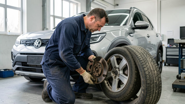 Un mécanicien inspecte les freins et un pneu usé d’un SUV dans un atelier automobile.