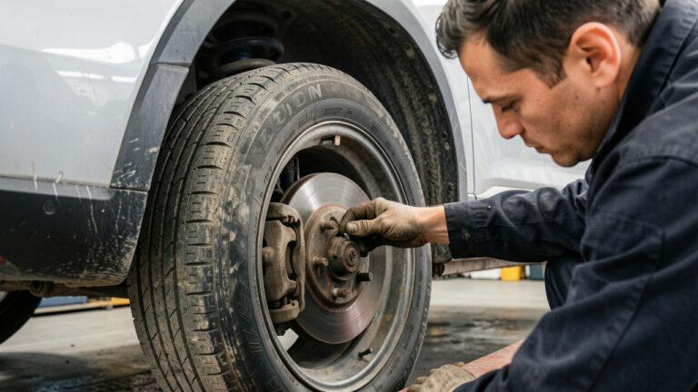 Vue détaillée d’un SUV moderne dans un atelier, avec inspection de pneus usés, d’un disque de frein et de composants mécaniques vieillissants.