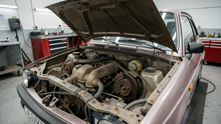 Vue détaillée d’une petite voiture compacte dans un atelier, capot ouvert et pièces mécaniques présentant des signes d’usure.
