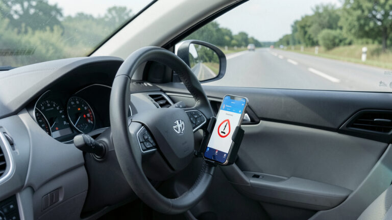 Téléphone fixé dans un support de tableau de bord à côté d’un volant, dans une voiture stationnée en bord de route.