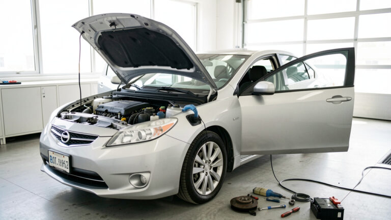 Berline électrique d’occasion examinée dans un atelier lumineux avant son achat, avec contrôle des pneus, des freins, de la batterie et de la carrosserie.