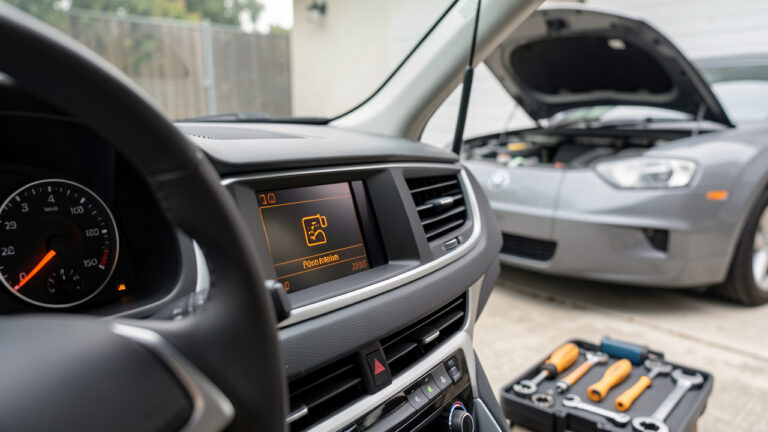 Tableau de bord d’une voiture affichant un voyant moteur orange, avec le capot ouvert et des outils de vérification à proximité.