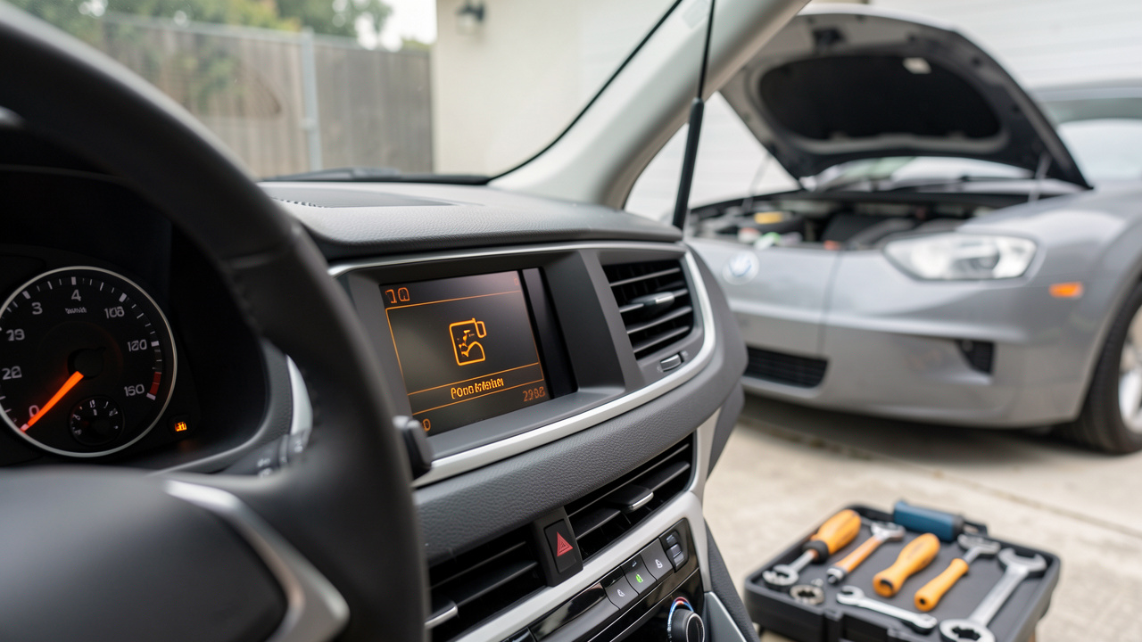 Tableau de bord d’une voiture affichant un voyant moteur orange, avec le capot ouvert et des outils de vérification à proximité.