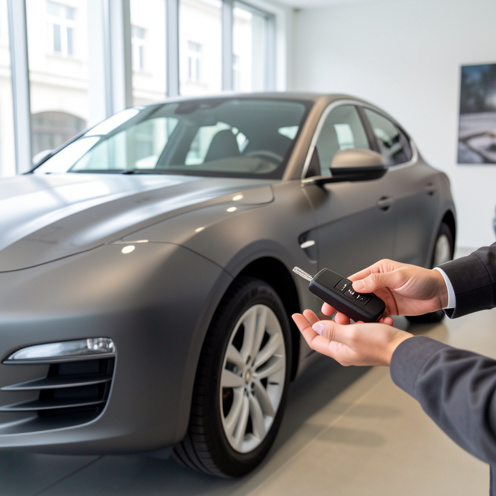 Voiture d’occasion propre exposée dans un showroom, avec une clé remise aux mains du client sous une lumière naturelle, ambiance photo documentaire réaliste.