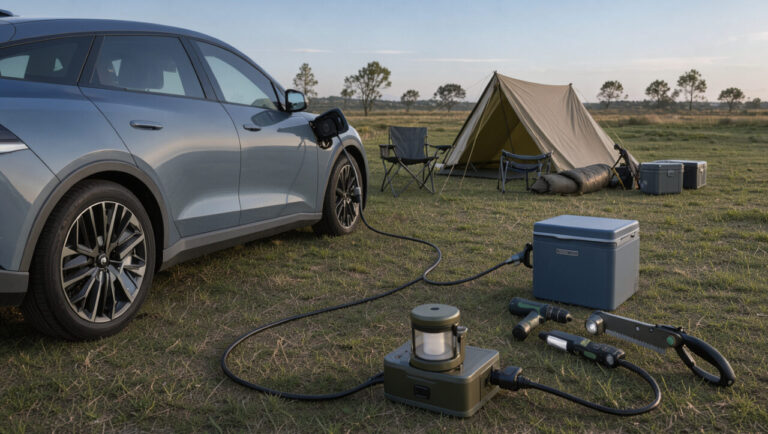 Une voiture électrique alimente du matériel de camping et de bricolage grâce à un câble de recharge, dans un environnement extérieur calme.