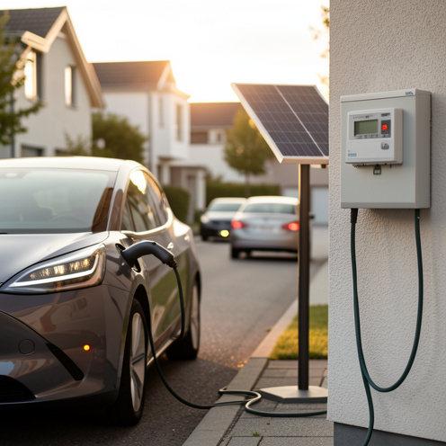 Voiture électrique à l’arrêt pendant une recharge, avec câble branché, station de charge et ambiance urbaine calme à la lumière dorée, illustrant autonomie, recharge et coût d’utilisation.