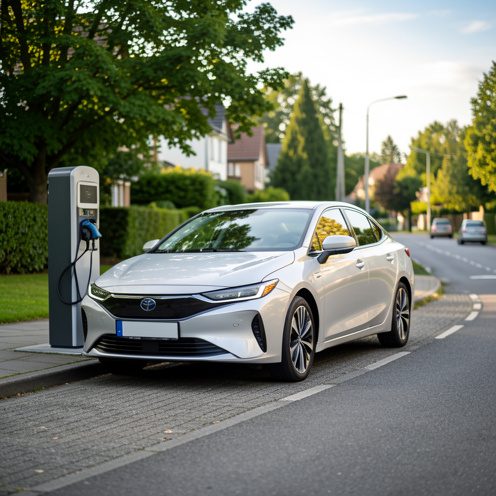 Vue réaliste d’une voiture hybride garée près d’une station de recharge, éclairage naturel du matin, détails de la carrosserie et du décor résidentiel, sans personnes.