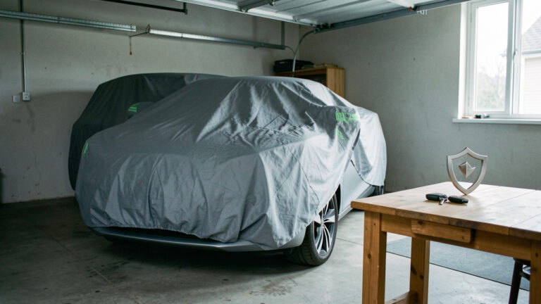 Voiture immobilisée dans un garage, avec une housse de protection, des clés et un symbole de protection évoquant les garanties d’assurance conservées.