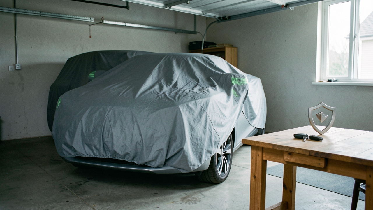 Voiture immobilisée dans un garage, avec une housse de protection, des clés et un symbole de protection évoquant les garanties d’assurance conservées.