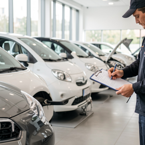 Des voitures compactes garées dans un showroom lumineux, une mécanicienne inspecte une roue et le tableau de bord pour évaluer la fiabilité avant l’achat.
