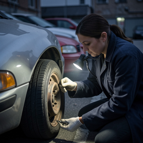 Dans un parking urbain, une femme mécanicienne examine minutieusement une voiture d’occasion avec une lampe, en vérifiant des détails comme les pneus et les freins.