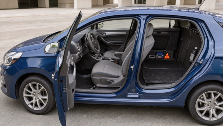 Vue d’une Volkswagen Golf équipée pour le confort quotidien, avec rangements organisés, coffre protégé et accessoires de sécurité.