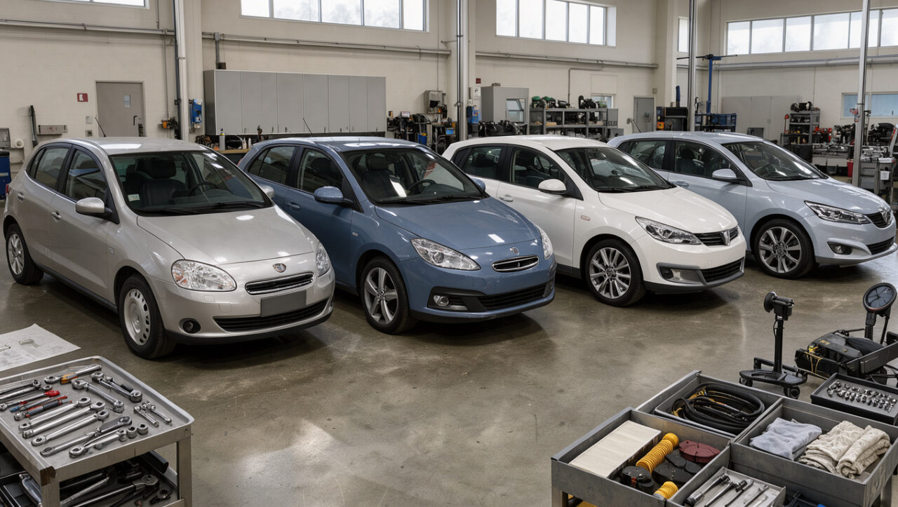 Plusieurs versions d’une citadine compacte européenne présentées dans un atelier automobile pour illustrer la comparaison des millésimes, de la fiabilité et des défauts connus.