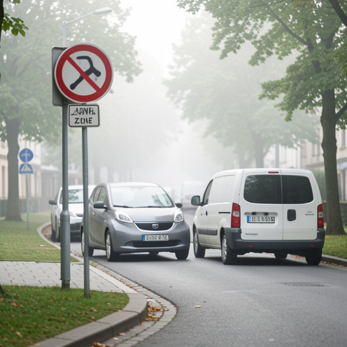 Rue urbaine européenne avec une entrée de zone à faibles émissions et plusieurs véhicules à l’arrêt, dont une voiture électrique et un petit utilitaire, lumière naturelle douce et atmosphère matinale.